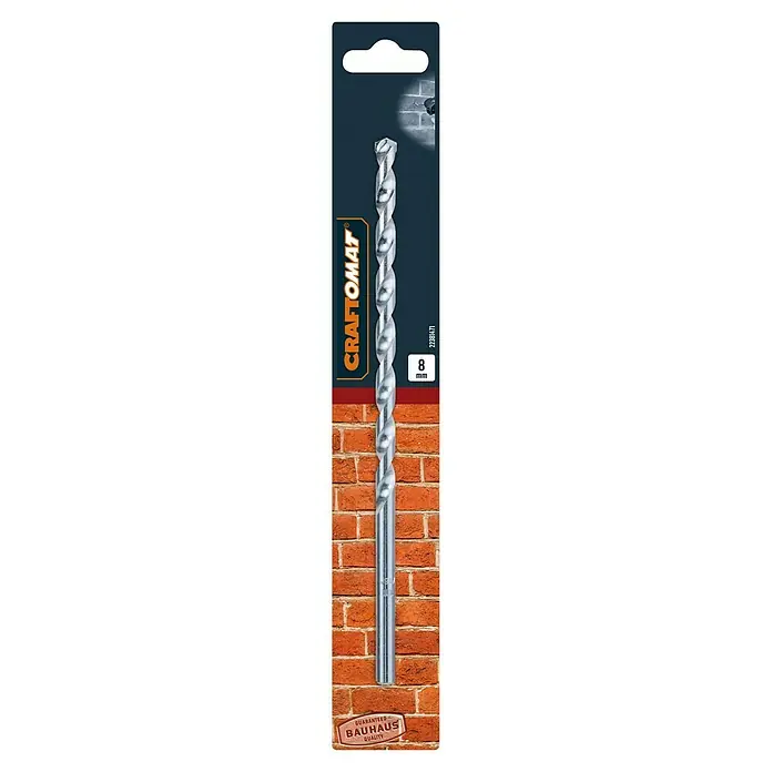 Craftomat Beton- & Steinbohrer - 1 Stk., Durchmesser Bohrer: 8 mm, Länge: 200 mm - Nahaufnahme eines 8 mm Craftomat-Steinbohrers, ideal zum Bohren in Mauerwerk, präsentiert auf einer attraktiven Produktverpackung.