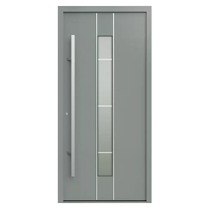 Gerda Haustür Thermo Prime 75 Lugano - 100 x 210 cm, DIN Anschlag: Links, Grau, Details in Edelstahl - Moderne graue Tür mit langem silbernem Griff und vertikalem Milchglaseinsatz mit horizontalen Unterteilungen.