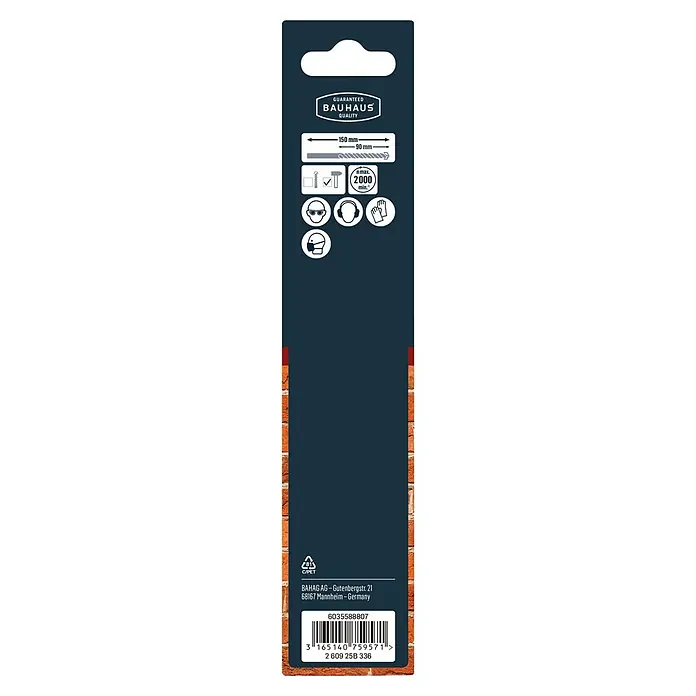 Craftomat Beton- & Steinbohrer - 1 Stk., Durchmesser Bohrer: 16 mm, Länge: 150 mm - Produktverpackung mit Bauhaus Qualitätsgarantie, Größenangaben und Sicherheitshinweisen für den Gebrauch.