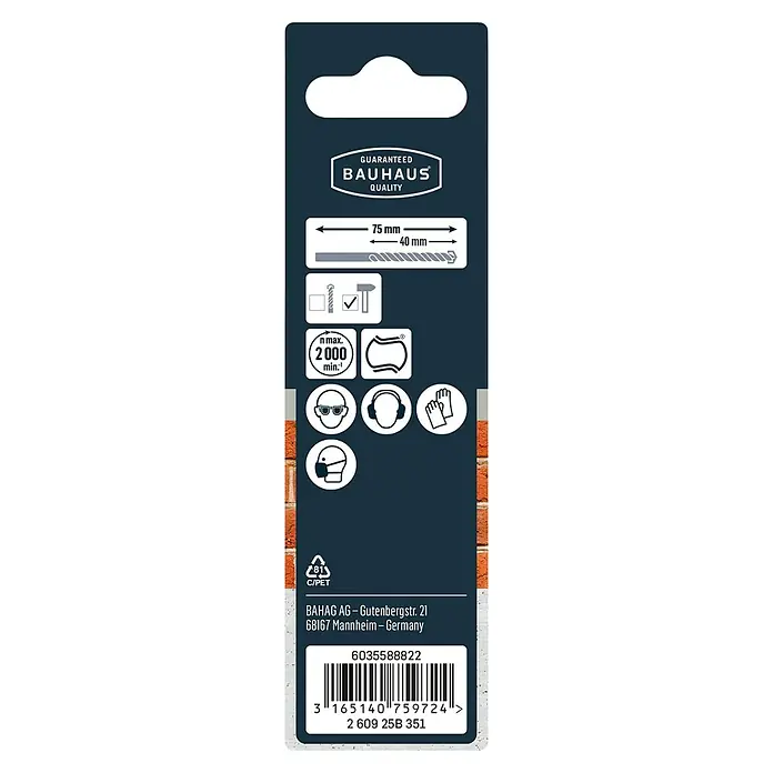 Craftomat Beton- & Steinbohrer - Durchmesser Bohrer: 4 mm, Arbeitslänge: 40 mm - Verpackungsrückseite eines Bohrers der Marke Bauhaus mit Sicherheitsanweisungen und Barcode für den Einzelhandel.