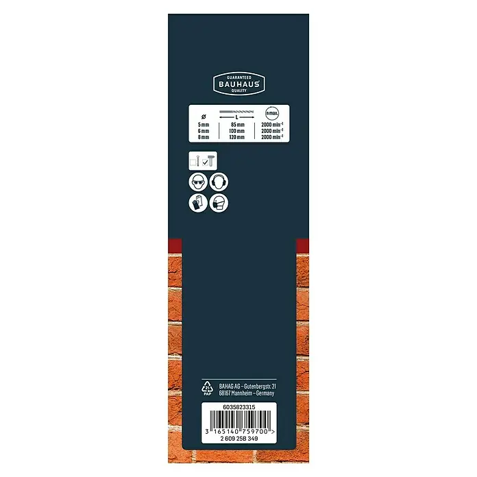 Craftomat Beton- & Steinbohrer - 3 -tlg., Durchmesser Bohrer: 8 mm - Detailansicht der Bauhaus-Produktverpackung mit Spezifikationen, Größenangaben und Sicherheitsinformationen.