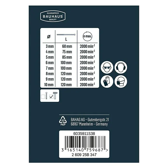 Craftomat Broca para hormigón y mampostería - 8 pzs., Diámetro de la broca: 10 mm - Datos técnicos de una broca Bauhaus, incluyendo diámetro, longitud y velocidad máxima, junto con indicaciones de equipo de seguridad.