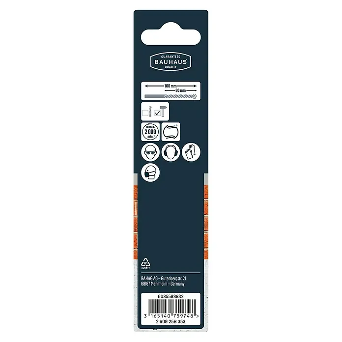 Craftomat Beton- & Steinbohrer - Durchmesser Bohrer: 6 mm, Arbeitslänge: 60 mm - Abgebildet ist eine Produktverpackung von Bauhaus mit den wichtigsten Produktinformationen wie Maße, Umdrehungen und Sicherheitshinweise.