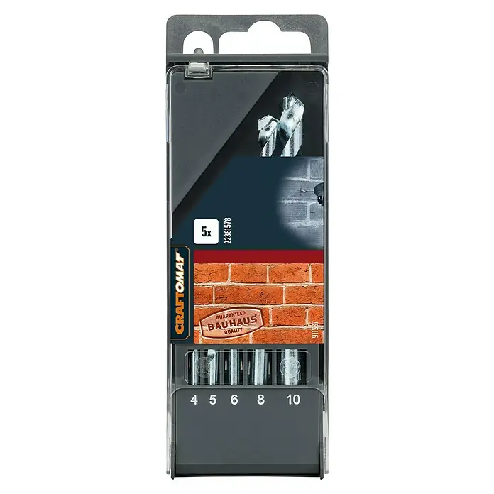 Craftomat Beton- & Steinbohrer - Durchmesser Bohrer: 10 mm, 5 -tlg. - Ein Set aus fünf Craftomat-Bohrern in verschiedenen Größen (4, 5, 6, 8, 10 mm) in einer transparenten Verpackung, die die Bohrer zeigt.