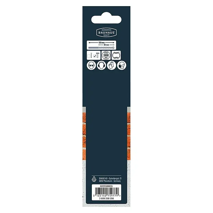 Craftomat Beton- & Steinbohrer - Durchmesser Bohrer: 5 mm, Arbeitslänge: 90 mm - Produktverpackung mit Informationen zu Größe, maximaler Drehzahl und erforderlicher Schutzausrüstung für den Gebrauch.