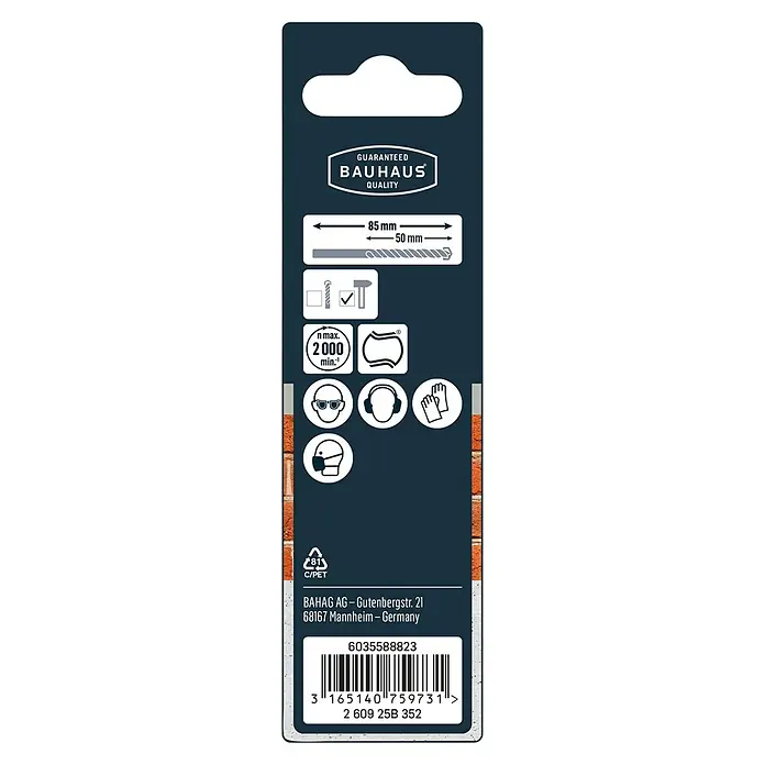 Craftomat Beton- & Steinbohrer - Durchmesser Bohrer: 5 mm, Arbeitslänge: 50 mm - Detailansicht der Bauhaus-Bohrerverpackung mit Größenangaben, Sicherheitshinweisen und Barcode.