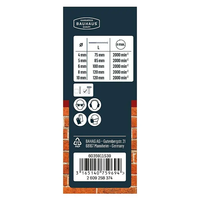 Craftomat Broca para hormigón y mampostería - Diámetro de la broca: 10 mm, 5 pzs. - Primer plano del empaque del producto con detalles de tamaño (4-10 mm), símbolos de seguridad y código de barras.