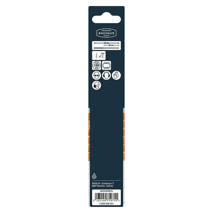 Craftomat Beton- & Steinbohrer - Durchmesser Bohrer: 8 mm, Arbeitslänge: 80 mm - Bild der Produktverpackung mit Produktinformationen, Sicherheitsvorkehrungen und Herstellerdetails.