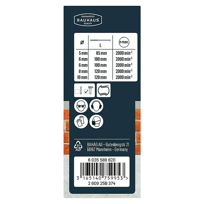 Craftomat Broca para hormigón y mampostería - 5 pzs., Diámetro de la broca: 10 mm - Imagen de las especificaciones del producto e instrucciones de seguridad de los tornillos BAUHAUS, incluyendo tamaños, RPM máx., y equipo de protección requerido.