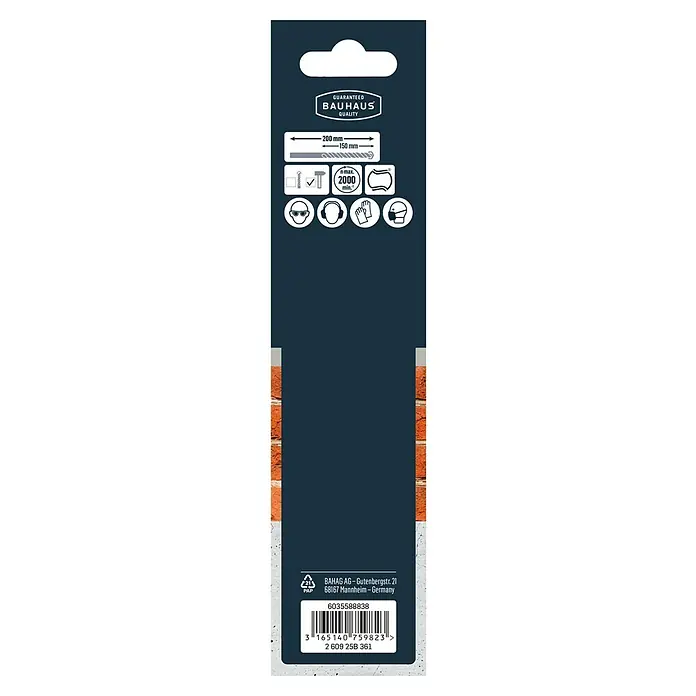 Craftomat Beton- & Steinbohrer - Durchmesser Bohrer: 10 mm, Arbeitslänge: 200 mm - Verpackungsrückseite einer Spiralbohrer-Verpackung mit Informationen zur Qualität, Größe und Sicherheitshinweisen.