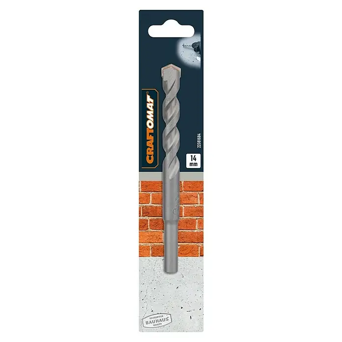 Craftomat Beton- & Steinbohrer - Durchmesser Bohrer: 14 mm, Arbeitslänge: 90 mm - Ein 14 mm Craftomat Steinbohrer in Verpackung vor einer Backsteinmauer und Beton, garantiert Bauhaus Qualität.