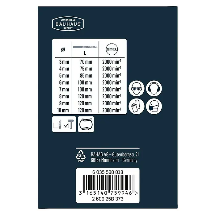 Craftomat Juego de brocas para piedra - 8 pzs., Diámetro de la broca: 10 mm - Tabla con tamaños de broca, longitudes y velocidades máximas, acompañada de símbolos de equipos de seguridad e información de reciclaje.