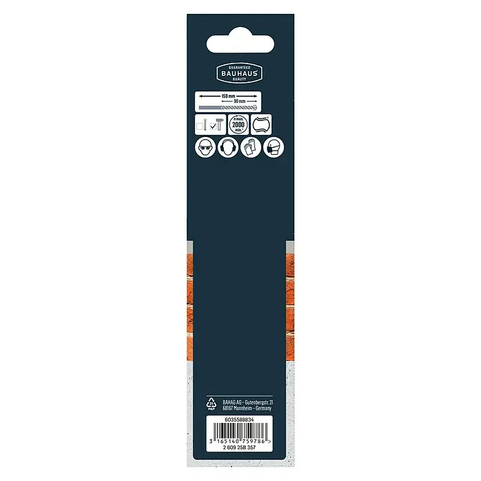 Craftomat Beton- & Steinbohrer - Durchmesser Bohrer: 6 mm, Arbeitslänge: 90 mm - Produktverpackung mit Bauhaus-Qualitätsgarantie, Größenangaben und Sicherheitshinweisen für den Gebrauch.