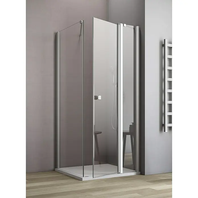 GEO Hit Eckdusche B-F200 - 90 x 120 x 202,2 cm, Beschichtet, Silber, Glasstärke: 6 mm, DIN Anschlag: Rechts - Eine moderne, quadratische Duschkabine mit klarem Glas und einem eleganten Chromrahmen. Perfekt für jedes moderne Badezimmer.
