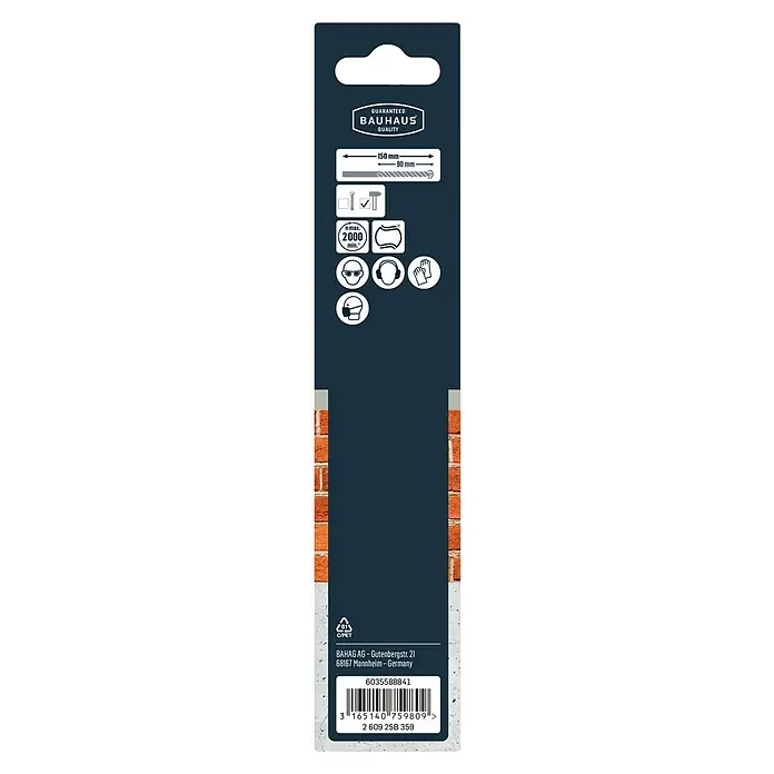 Craftomat Beton- & Steinbohrer - Durchmesser Bohrer: 14 mm, Arbeitslänge: 90 mm - Nahaufnahme der Rückseite einer Produktverpackung, die Informationen zu einer Bohrmaschine und Sicherheitsrichtlinien enthält.