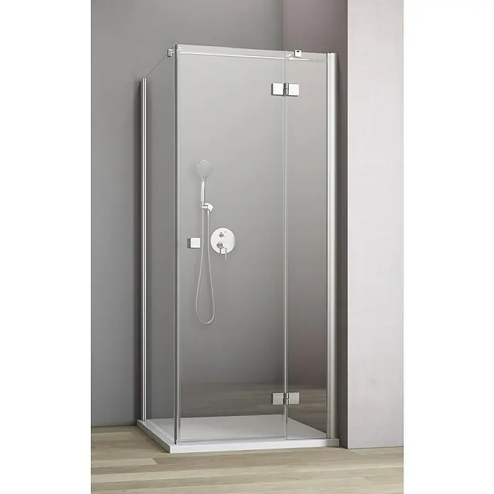 GEO Hit Eckdusche B-F300 - 90 x 80 x 200 cm, Unbeschichtet, Silber, Glasstärke: 6 mm, DIN Anschlag: Rechts - Ein moderner, quadratischer Duschraum mit klaren Glaswänden und Chrombeschlägen, ideal für ein minimalistisches Badezimmerdesign.