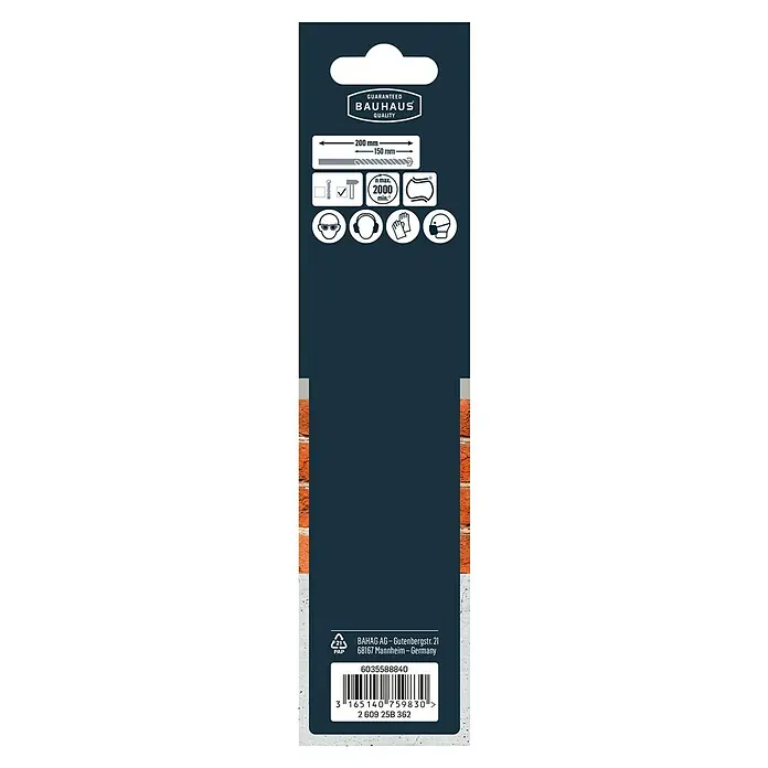 Craftomat Beton- & Steinbohrer - Durchmesser Bohrer: 12 mm, Arbeitslänge: 200 mm - Packungsrückseite mit Herstellerinformationen, Sicherheitsvorkehrungen und Barcode.