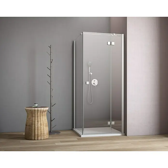 GEO Hit Eckdusche B-F300 - 90 x 80 x 200 cm, Unbeschichtet, Silber, Glasstärke: 6 mm, DIN Anschlag: Rechts - Bild eines modernen Duschbereichs mit einer eleganten Glasduschkabine, die ein minimalistisches Design und Funktionalität zeigt.