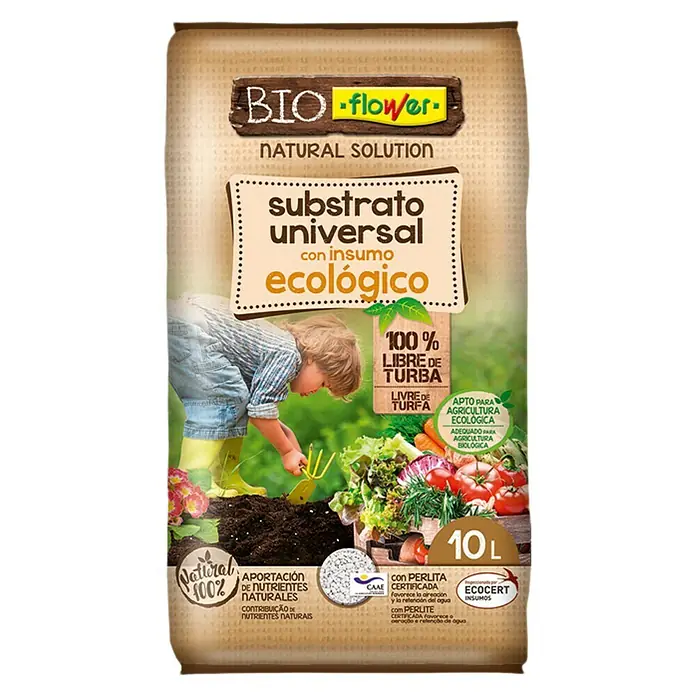 Flower Sustrato para plantas Universal Ecológico - 10 l - Sustrato universal Bio-Flower: Solución natural para agricultura ecológica, sin turba, con perlita para aireación y retención de agua óptimas, 10 Litros.