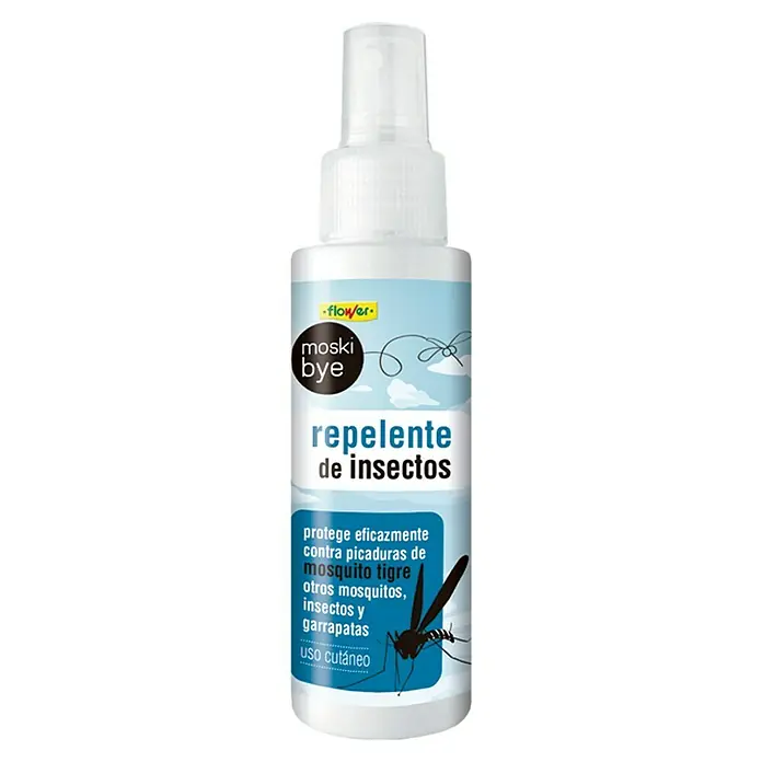 Flower Antimosquitos para exterior Moski bye - 100 ml - Repelente de insectos Moski Bye de Flower. Protege contra picaduras de mosquitos, insectos y garrapatas y es apto para uso cutáneo.