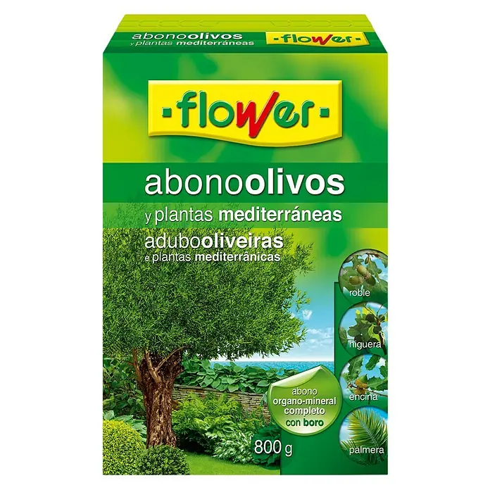 Flower Abono Olivas y Plantas mediterráneas - 2,5 kg - Abono Olivos: Fertilizante para olivos y plantas mediterráneas, completo con boro, en un paquete de 800g de Flower.