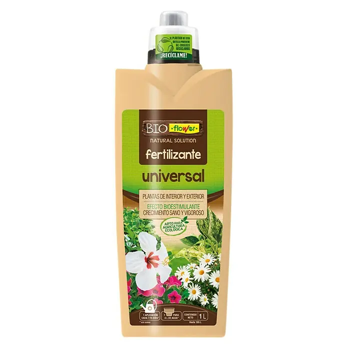 Flower Fertilizante universal - 1 l - Imagen de una botella de fertilizante universal Bio Flower, una solución natural para promover el crecimiento saludable de las plantas, para uso interior y exterior.