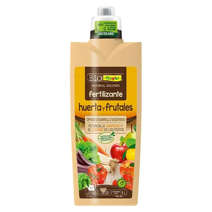 Flower Fertilizante para hierbas para huerta y frutales - 1 l - Imagen del producto de una botella de fertilizante Bio-Flower para huerta y frutales, que mejora el crecimiento y el tamaño de los frutos.