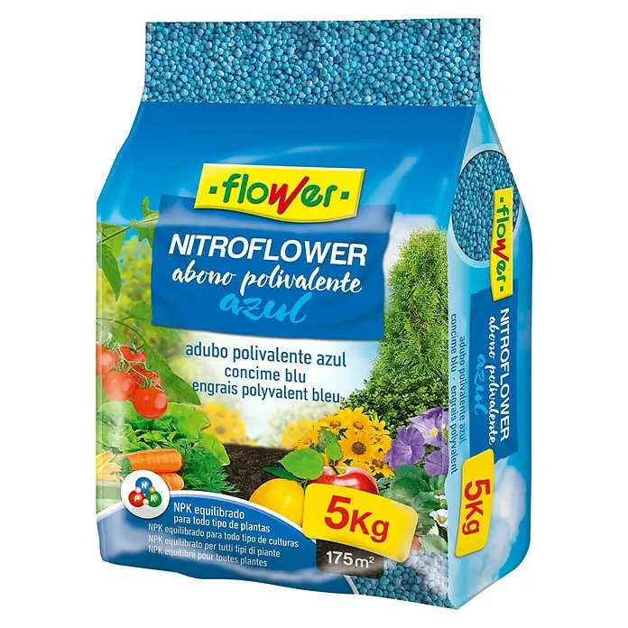 Flower Abono azul polivalente Nitroflower - 5 kg - Imagen de un abono polivalente NITROFLOWER de 5 kg, ideal para todo tipo de plantas. Abono NPK equilibrado.