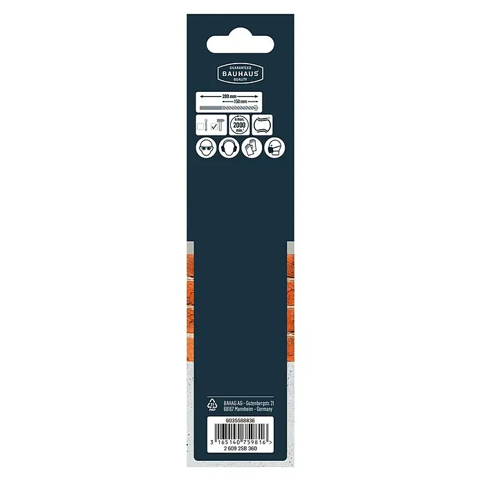 Craftomat Beton- & Steinbohrer - Durchmesser Bohrer: 8 mm, Arbeitslänge: 200 mm - Verpackung einer BAUHAUS-Steinbohrmaschine, die Länge, empfohlene Sicherheitsvorkehrungen und den Barcode zeigt.