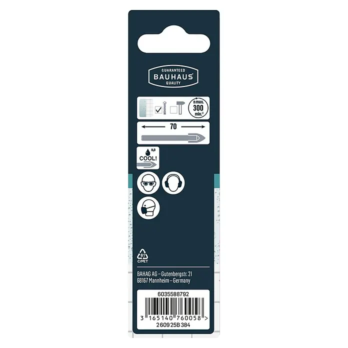 Craftomat Glasbohrer - Durchmesser Bohrer: 5 mm, Länge: 70 mm - Detailansicht der Verpackung eines BAUHAUS-Bohrers mit Sicherheitshinweisen und Barcode.