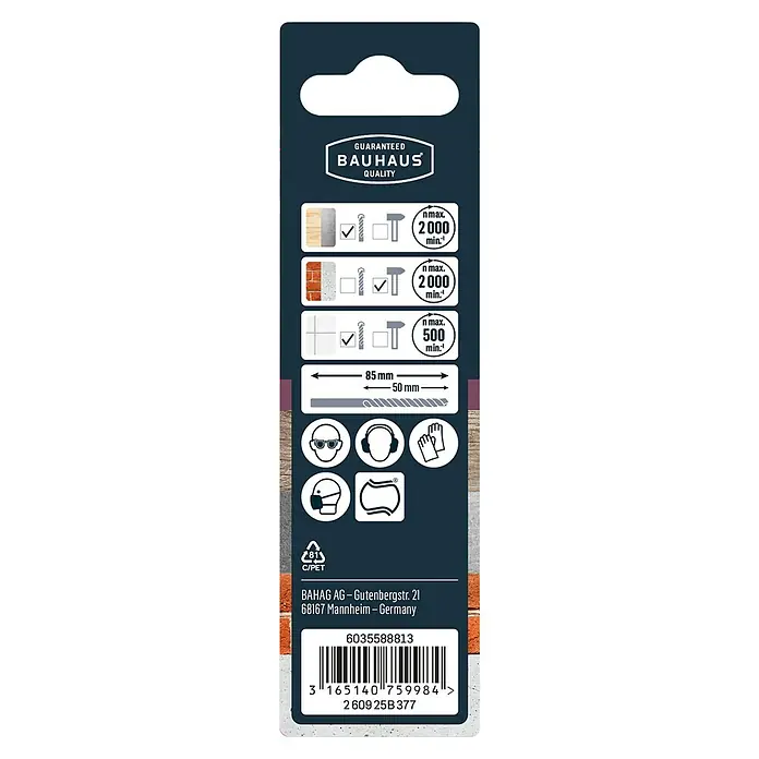 Craftomat Universalbohrer - 1 Stk., Durchmesser Bohrer: 5 mm - Produktdetails einer Bauhaus-Bohrerverpackung mit Spezifikationen, Sicherheitsvorkehrungen und Barcode für einfache Identifizierung.