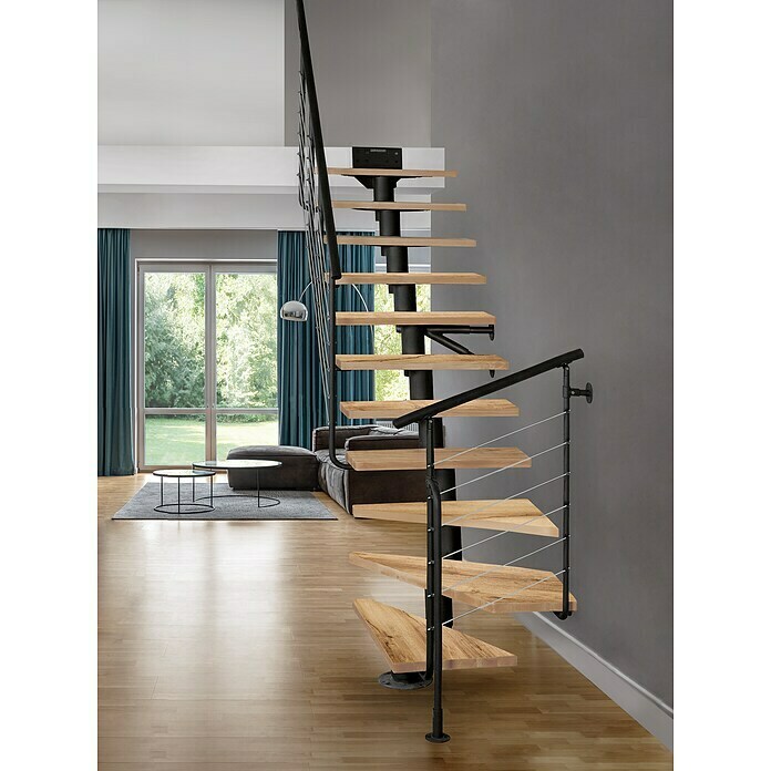 Atrium Mittelholmtreppe Dixi Plus (Farbton Metall: RAL 9005, Breite: 70 cm, Eiche, 1/4-gewendelt, Geschosshöhe: 222 cm - 300 cm) | BAUHAUS