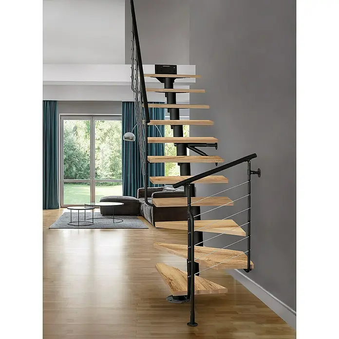 Atrium Mittelholmtreppe Dixi Plus - Farbton Metall: RAL 9005, Breite: 70 cm, Eiche, 1/4-gewendelt, Geschosshöhe: 222 cm - 300 cm - Elegante Wendeltreppe aus Holz und Stahl, die modernes Design und Funktionalität vereint und sich perfekt in den Wohnraum einfügt.