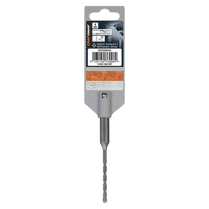 Craftomat SDS-Plus Betonbohrer - Länge: 110 mm, Durchmesser Bohrer: 4 mm - Produktabbildung eines 4 mm Craftomat SDS-Plus-Steinbohrers mit Verpackung, ideal zum präzisen Bohren in Mauerwerk.