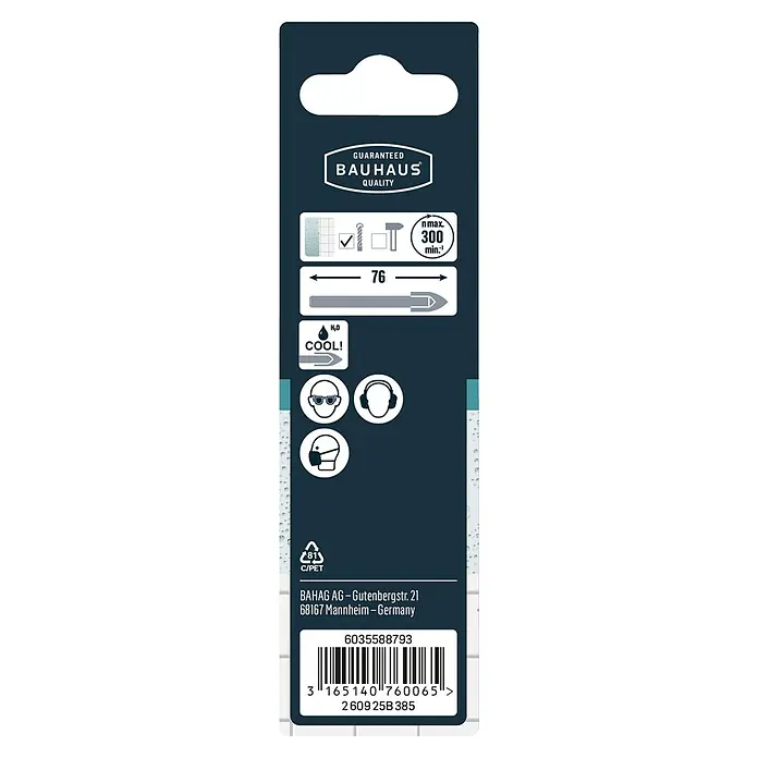Craftomat Glasbohrer - Durchmesser Bohrer: 6 mm, Länge: 76 mm - Produktverpackung mit Qualitätssiegel,Hinweisen zur Verwendung mit Kühlung, Schutzmaßnahmen und Recyclinginformationen.