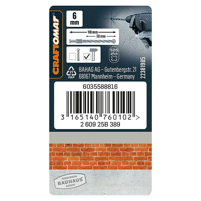 Craftomat Broca para hormigón SDS-Plus - Largo: 110 mm, Diámetro de la broca: 6 mm - Primer plano de una broca para mampostería Craftomat SDS-Plus de 6 mm con especificaciones de tamaño, código de barras e información del fabricante.