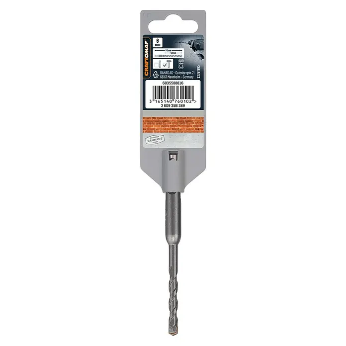 Craftomat SDS-Plus Betonbohrer - Länge: 110 mm, Durchmesser Bohrer: 6 mm - Nahaufnahme eines 6 mm Craftomat Bohrers mit SDS Plus Aufnahme, ideal zum Bohren in Stein und Mauerwerk.