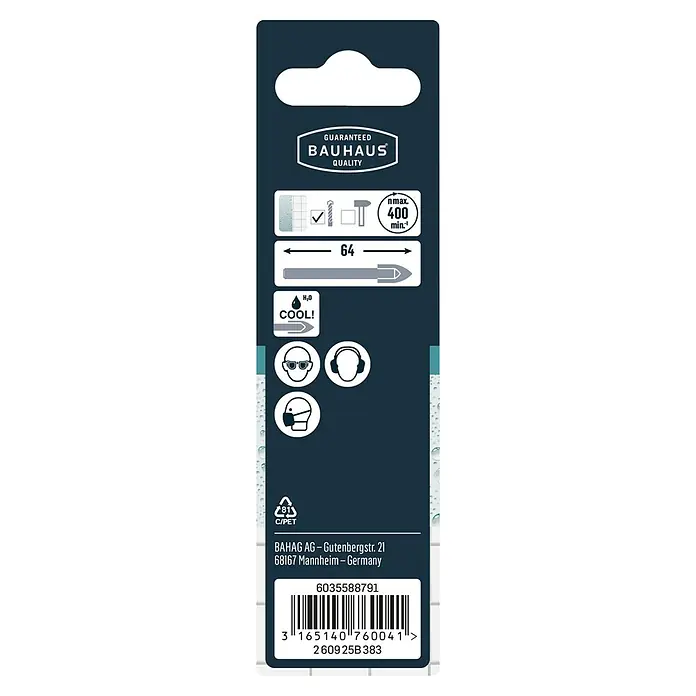 Craftomat Glasbohrer - Durchmesser Bohrer: 4 mm, Länge: 64 mm - Bild einer Bauhaus-Bohrerverpackung, die Spezifikationen wie Größe, Kühlungsbedarf und Sicherheitsvorkehrungen zeigt.