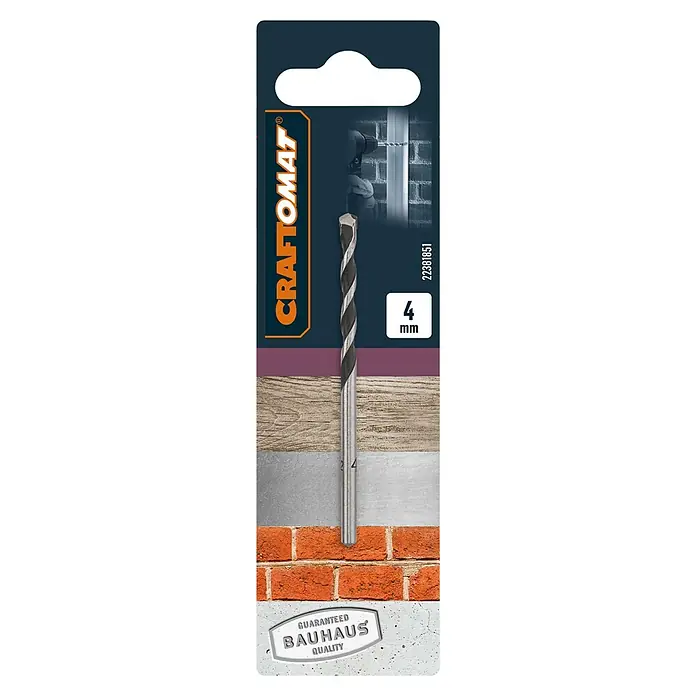 Craftomat Universalbohrer - 1 Stk., Durchmesser Bohrer: 4 mm - Nahaufnahme eines Craftomat 4 mm Bohrers für verschiedene Materialien, verpackt mit Bauhaus Qualitätsgarantie für zuverlässige Leistung.