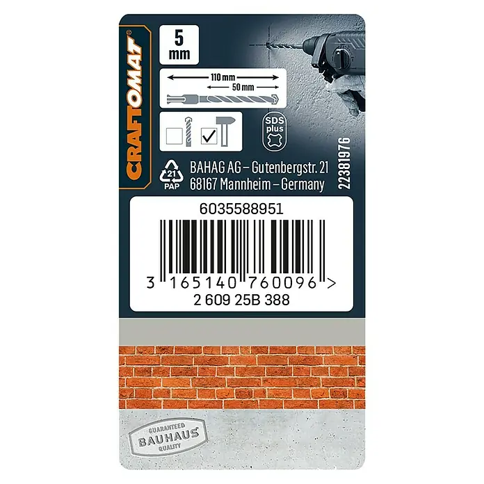 Craftomat Broca para hormigón SDS-Plus - Largo: 110 mm, Diámetro de la broca: 4 mm - Primer plano de la broca para martillo Craftomat SDS-Plus de 5 mm, con información del producto como el tamaño y el código de barras.