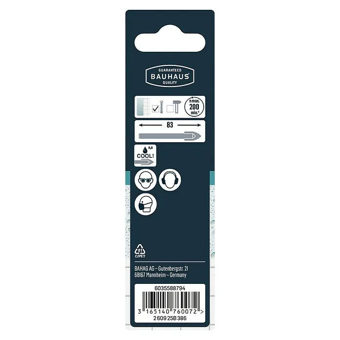 Craftomat Glasbohrer - Durchmesser Bohrer: 8 mm, Länge: 83 mm - Verpackung einer BAUHAUS-Glasbohrers, der mit Kühlung verwendet wird und eine Länge von 83 mm und eine Drehzahl von 200 U/min hat.