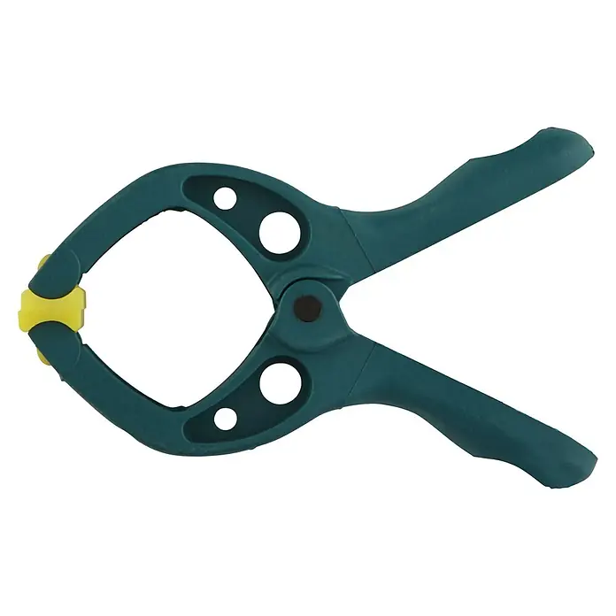 Wolfcraft Federzwinge Microfix - Spannweite: 30 mm, Ausladung: 30 mm - Grüne Plastik-Federklemme mit gelben Schutzkappen an den Enden, ideal zum Fixieren von Objekten.