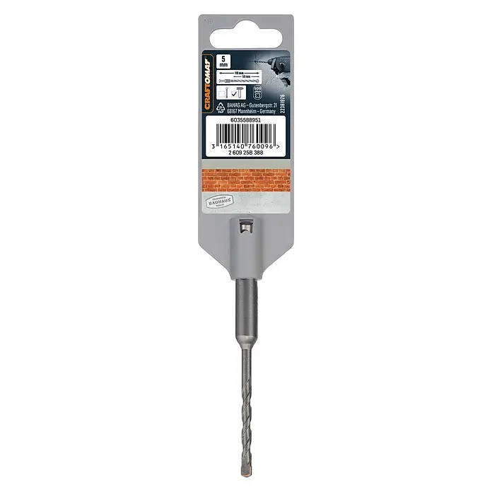 Craftomat SDS-Plus Betonbohrer - Länge: 110 mm, Durchmesser Bohrer: 5 mm - Nahaufnahme eines 5mm Craftomat Bohrers, ideal für Stein und Mauerwerk, verpackt für den Verkauf.