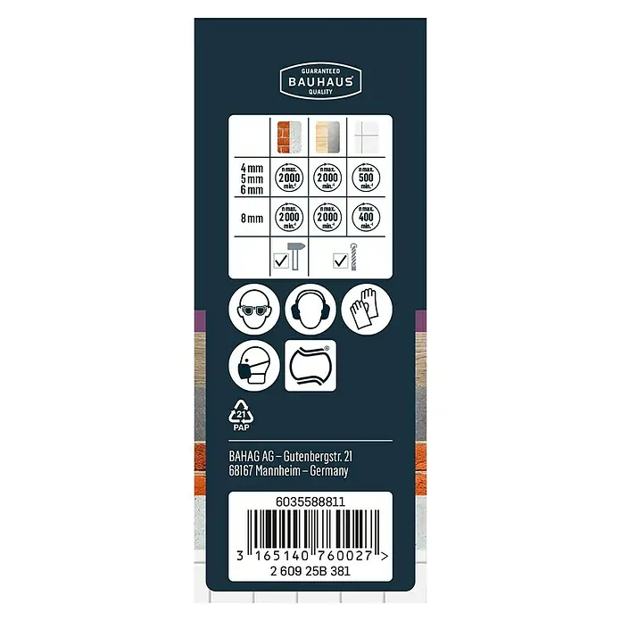 Craftomat Broca universal - Diámetro de la broca: 8 mm - Información del producto: diámetro de perforación y velocidades recomendadas para diversos materiales, precauciones de seguridad e información de reciclaje.