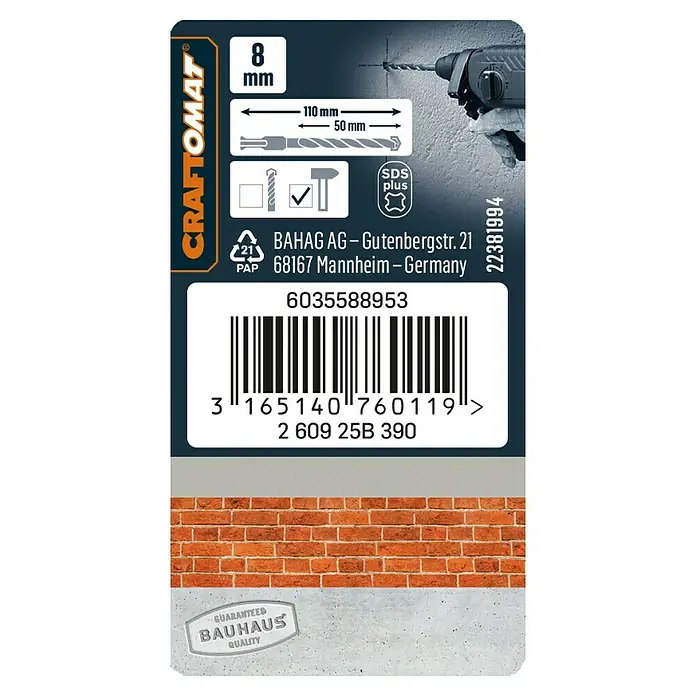 Craftomat Broca para hormigón SDS-Plus - Largo: 110 mm, Diámetro de la broca: 8 mm - Primer plano de un paquete de brocas Craftomat de 8 mm, con la información del producto y la garantía de calidad de Bauhaus.