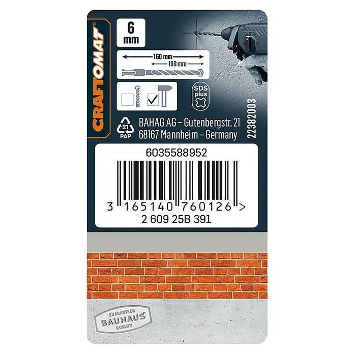 Craftomat Broca para hormigón SDS-Plus - Largo: 160 mm, Diámetro de la broca: 6 mm - Primer plano de un envase de broca para martillo Craftomat SDS-Plus de 6 mm que muestra información del producto y garantía de calidad Bauhaus.