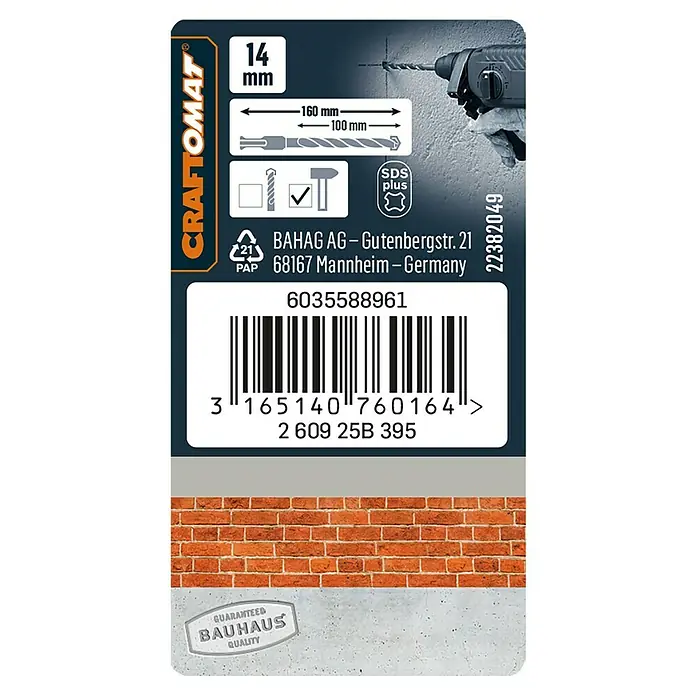 Craftomat SDS-Plus Betonbohrer - Länge: 160 mm, Durchmesser Bohrer: 14 mm - Abbildung einer Verpackung für einen 14 mm Craftomat-Hammerbohrer mit SDS-Plus-Schaft. Die Verpackung zeigt Abmessungen und Gütesiegel.