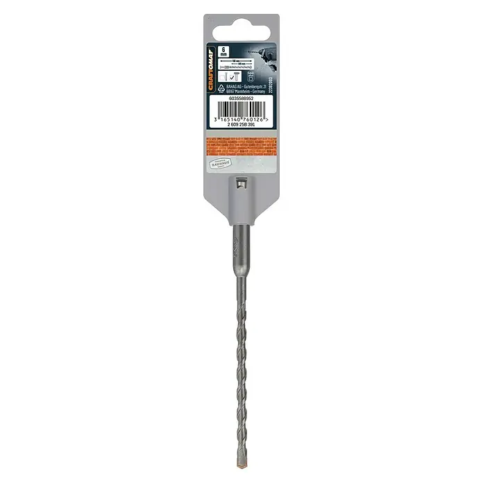 Craftomat SDS-Plus Betonbohrer - Länge: 160 mm, Durchmesser Bohrer: 6 mm - Aufnahme einer Craftomat 6 mm Betonbohrkrone mit SDS-Plus Aufnahme, ideal zum Bohren in Beton und Mauerwerk für Profis und Heimwerker.