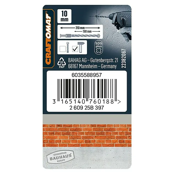 Craftomat Broca para hormigón SDS-Plus - Largo: 210 mm, Diámetro de la broca: 10 mm - Paquete de broca Craftomat de 10 mm, con información de longitud, SDS Plus, fabricante (BAHAG AG) y código de barras.