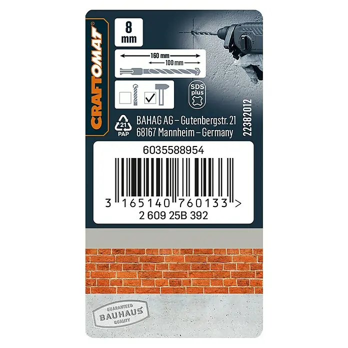 Craftomat Broca para hormigón SDS-Plus - Largo: 160 mm, Diámetro de la broca: 8 mm - Imagen de una broca CRAFTOMAT de 8mm con vástago SDS Plus, perfecta para trabajos de perforación precisos.